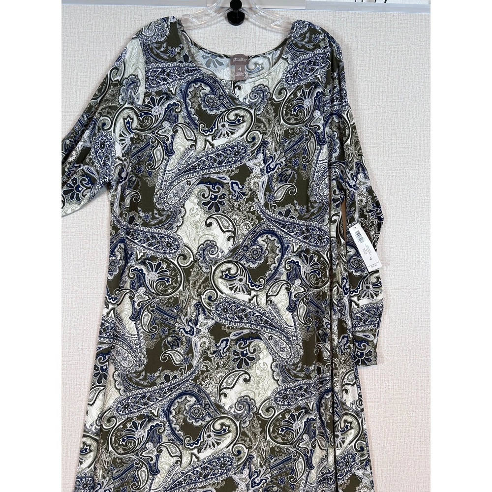 NWT Chicos Fresh Paisley Boat Neck Maxi Dress Green Navy Size 4 Boho Classic